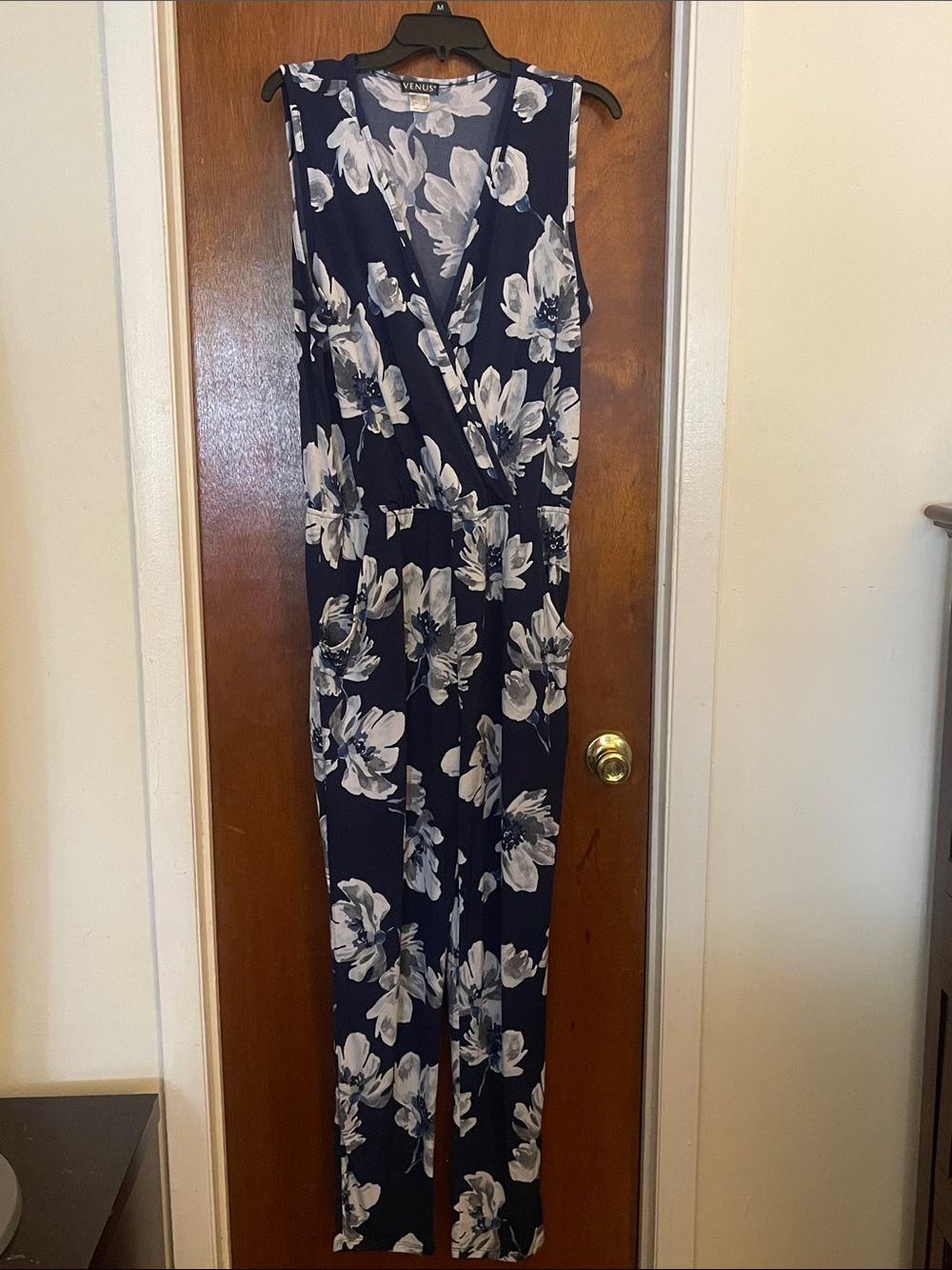 VENUS Navy and White Floral Wrap Jumpsuit